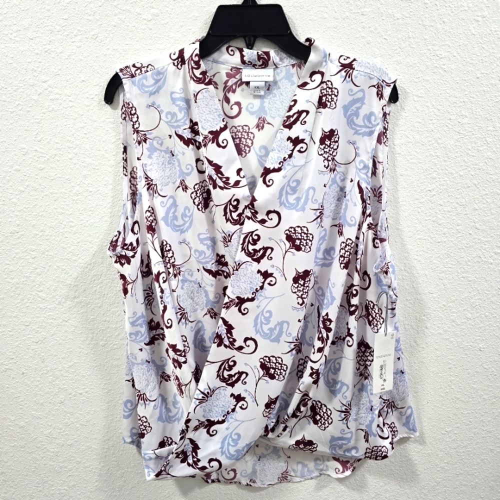 Liz Claiborne Floral Sleeveless Top -  Wrap Blouse White and Burgundy Size XXL.
